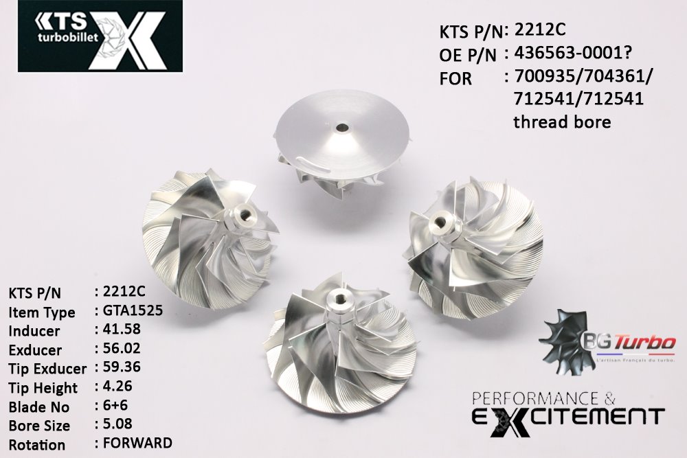 Turbo ROUE FORGÉE MFS PERFORMANCE - 6+6 PALES - INDUCER : 41,58 - EXDUCER : 56,02 - TYPE : GT2256ANGLE : 70° - ROTATION : Forward - SUPER BACK : 2,39 - BORE SIZE : 5,08
